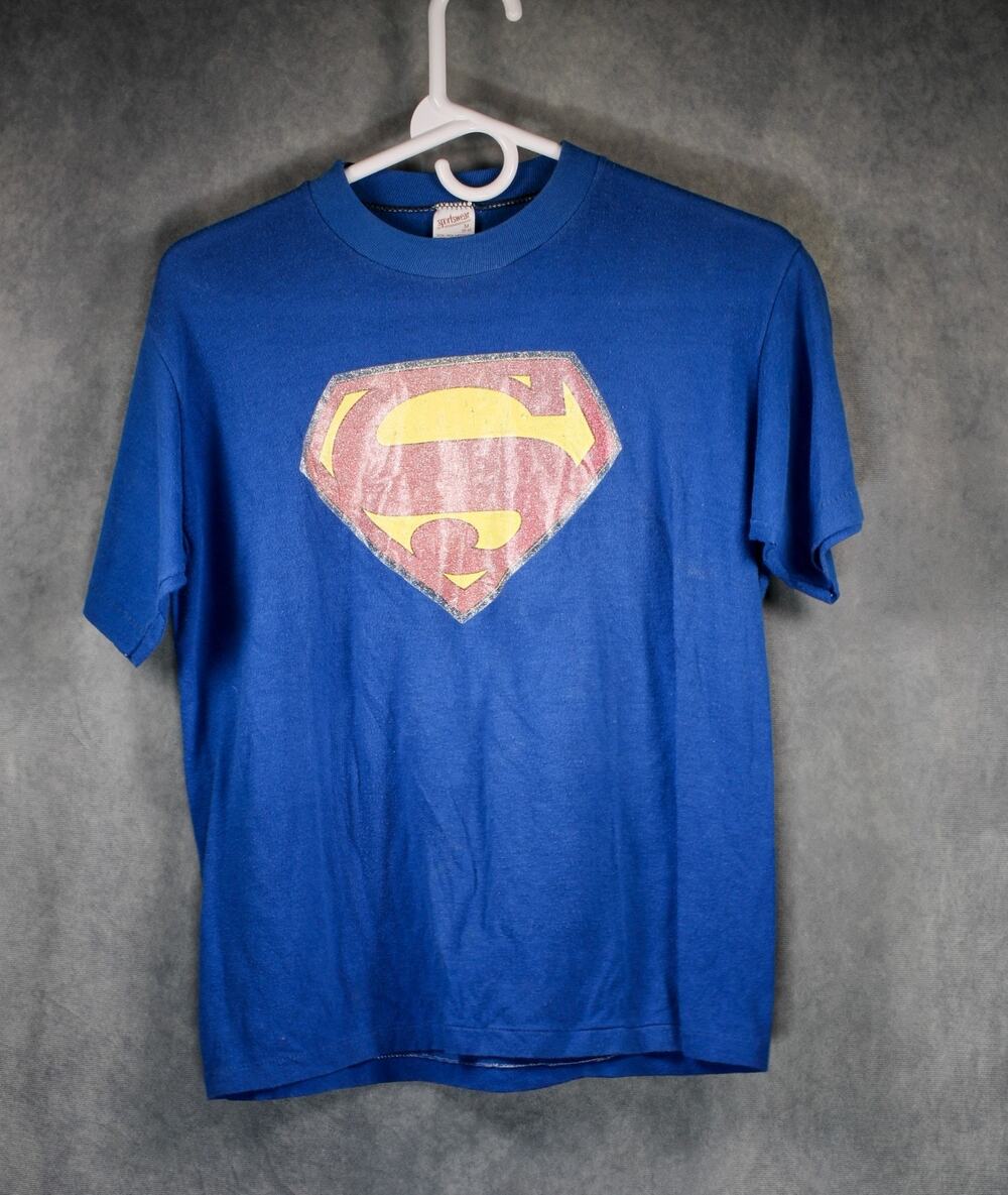 Vintage 70s 80s Superman T-Shirt Blue Sparkly Logo Single Stitch Sportswear M